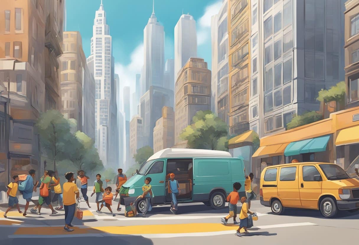 A bustling city street with skyscrapers in the background, a group of trainers unloading equipment from a van, while children play and laugh nearby