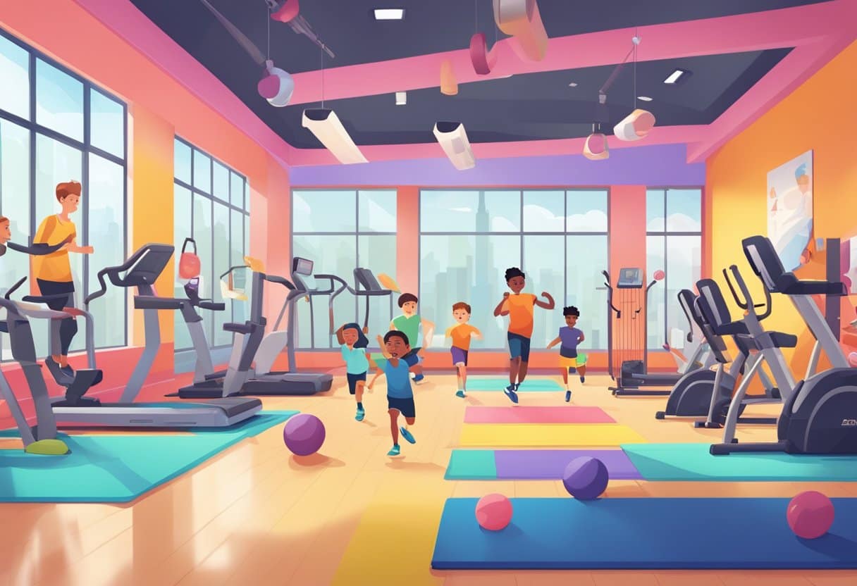 A group of kids engaging in various physical activities with a personal trainer in a lively and colorful gym setting in NYC