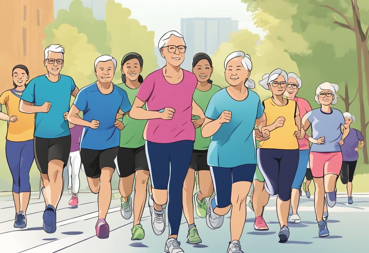 a group of people running