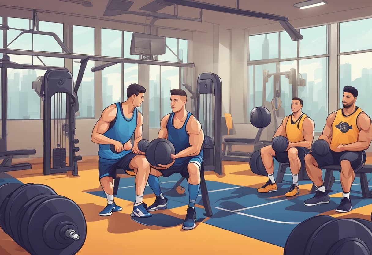 A basketball player lifts weights in a gym, surrounded by various exercise equipment and a coach providing guidance