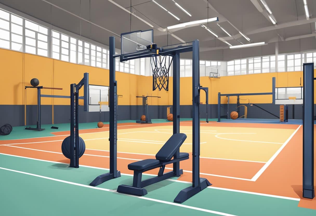 A basketball court with weight training equipment set up along the sidelines, including dumbbells, barbells, and resistance bands