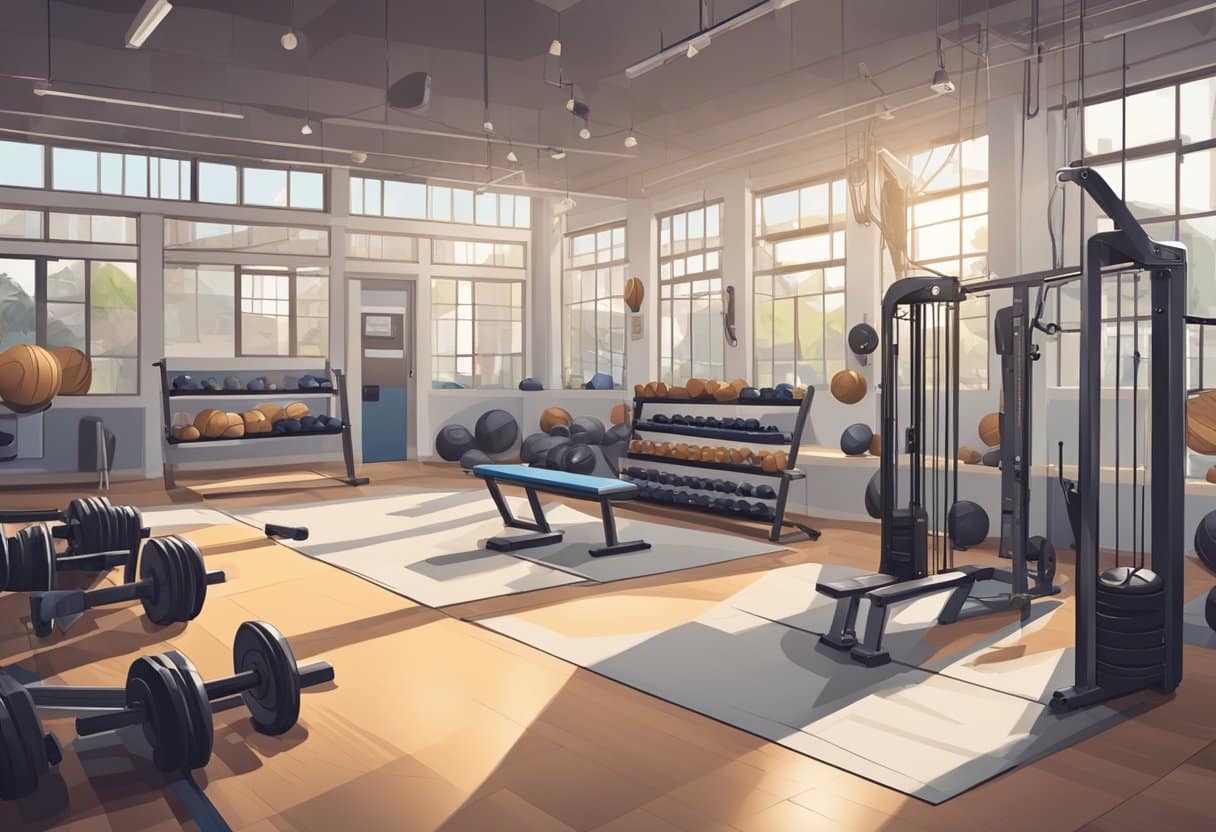 Baseball equipment scattered around a gym, with weights, benches, and resistance bands. A baseball player performing various strength exercises under the guidance of a coach