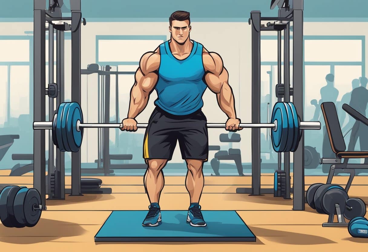 A baseball player lifts weights in a gym, focusing on foundational strength exercises. Equipment such as barbells, dumbbells, and weight machines are visible