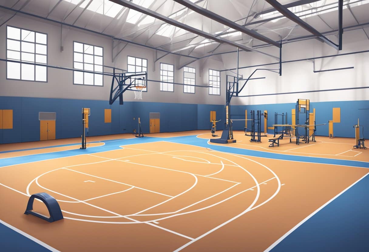 A basketball court with weight training equipment set up for off-season training