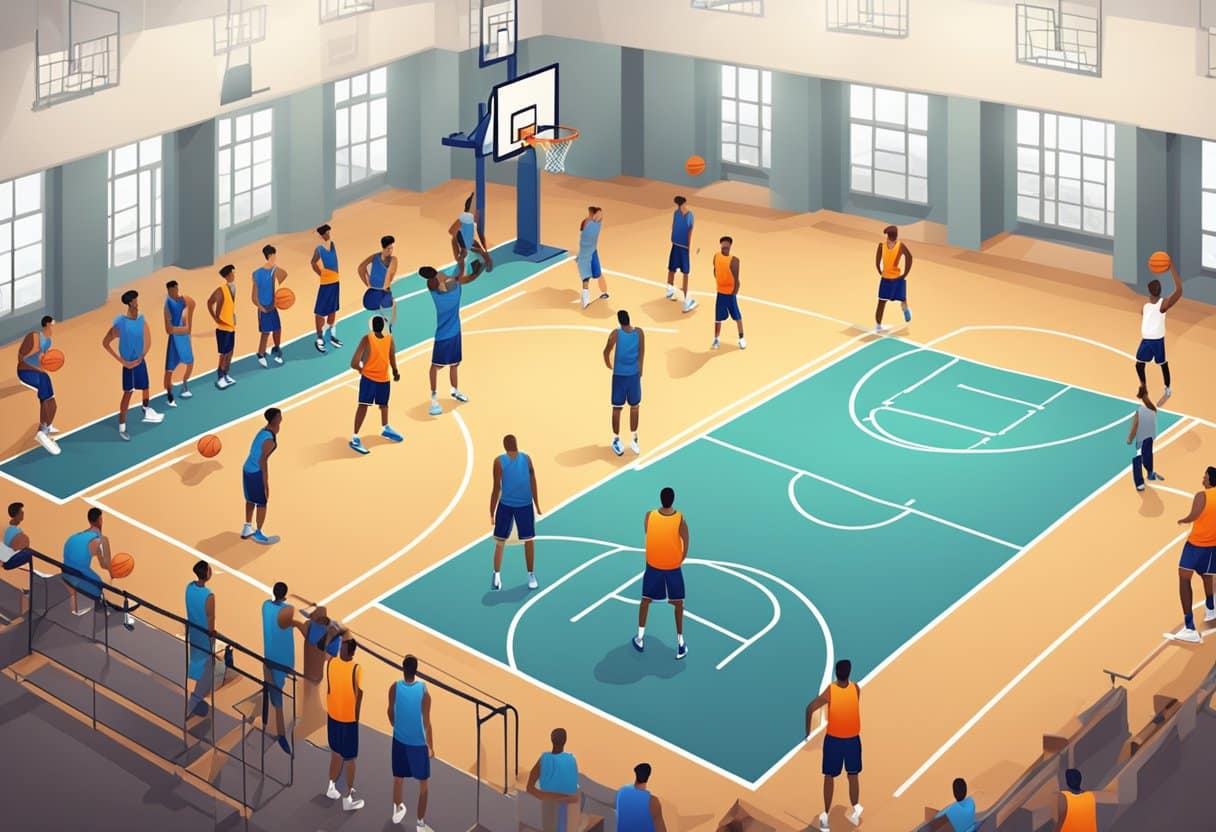 Basketball court with weight training equipment, basketballs, and players' jerseys. Trainer demonstrating exercises to team