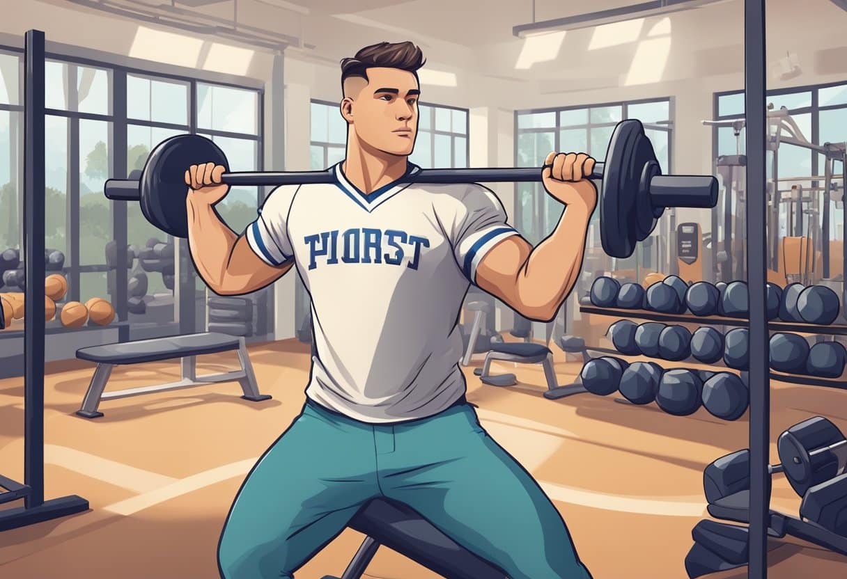 A baseball player lifts weights in a gym, surrounded by various exercise equipment and motivational sports posters