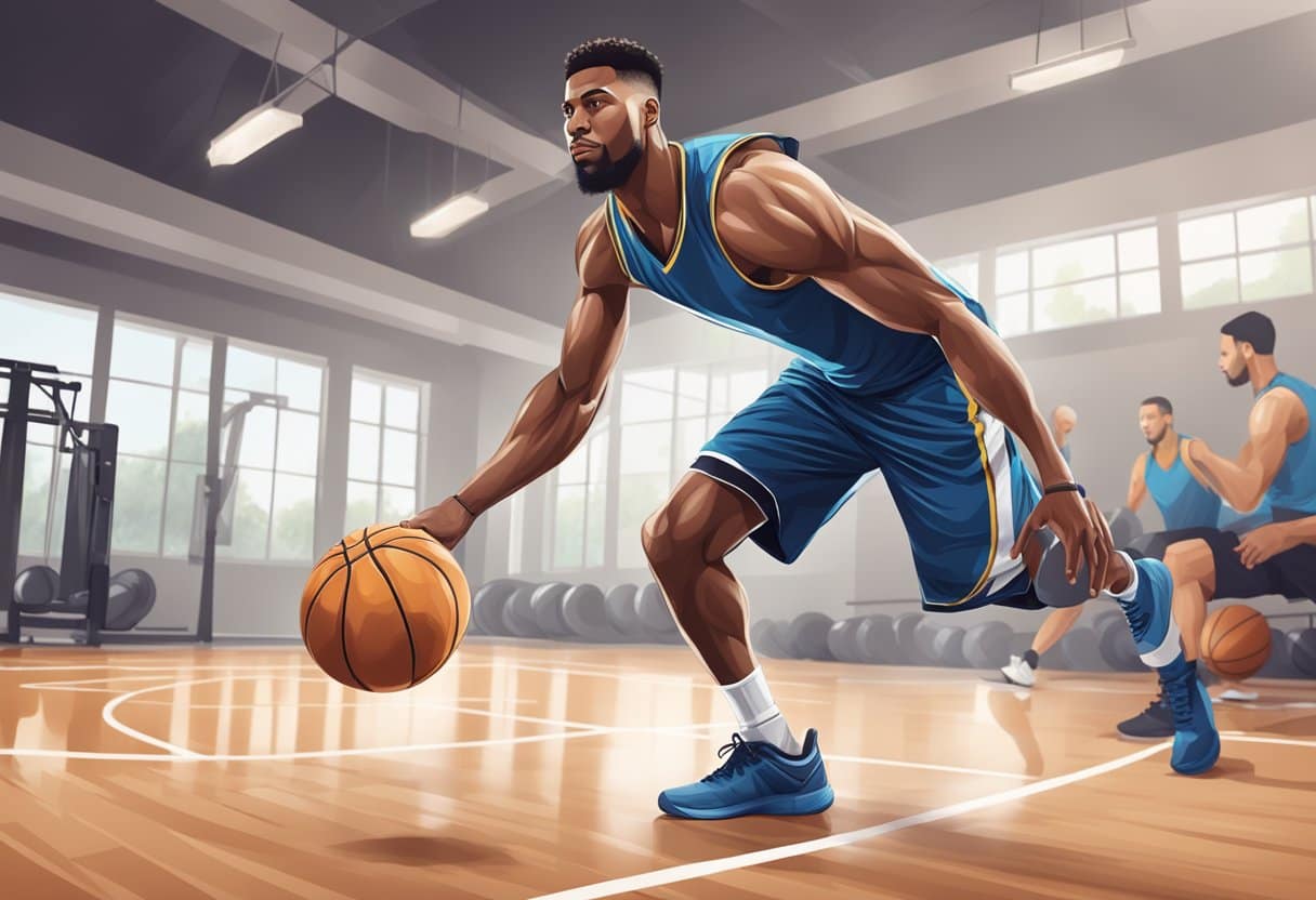 A basketball player performs core-strengthening exercises with weights in a gym setting