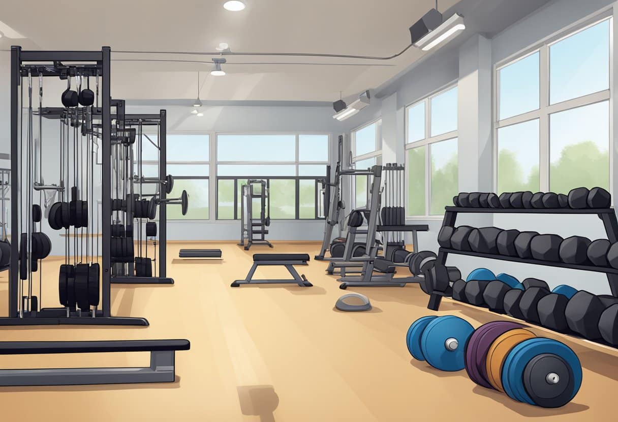 A weight training program for baseball, with equipment arranged in a gym setting, including free weights, resistance bands, and weight machines