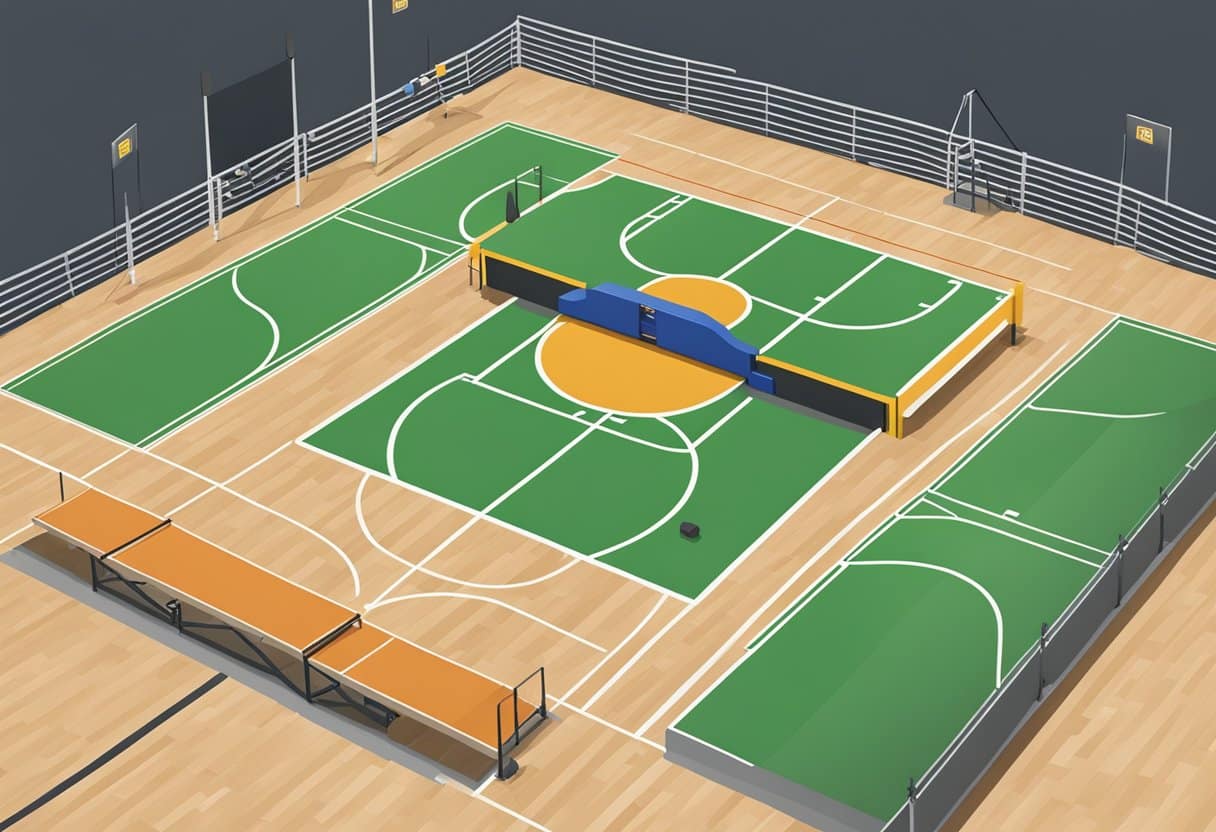 A basketball court with weights, plyometric boxes, and agility ladder set up for a power and plyometrics training program