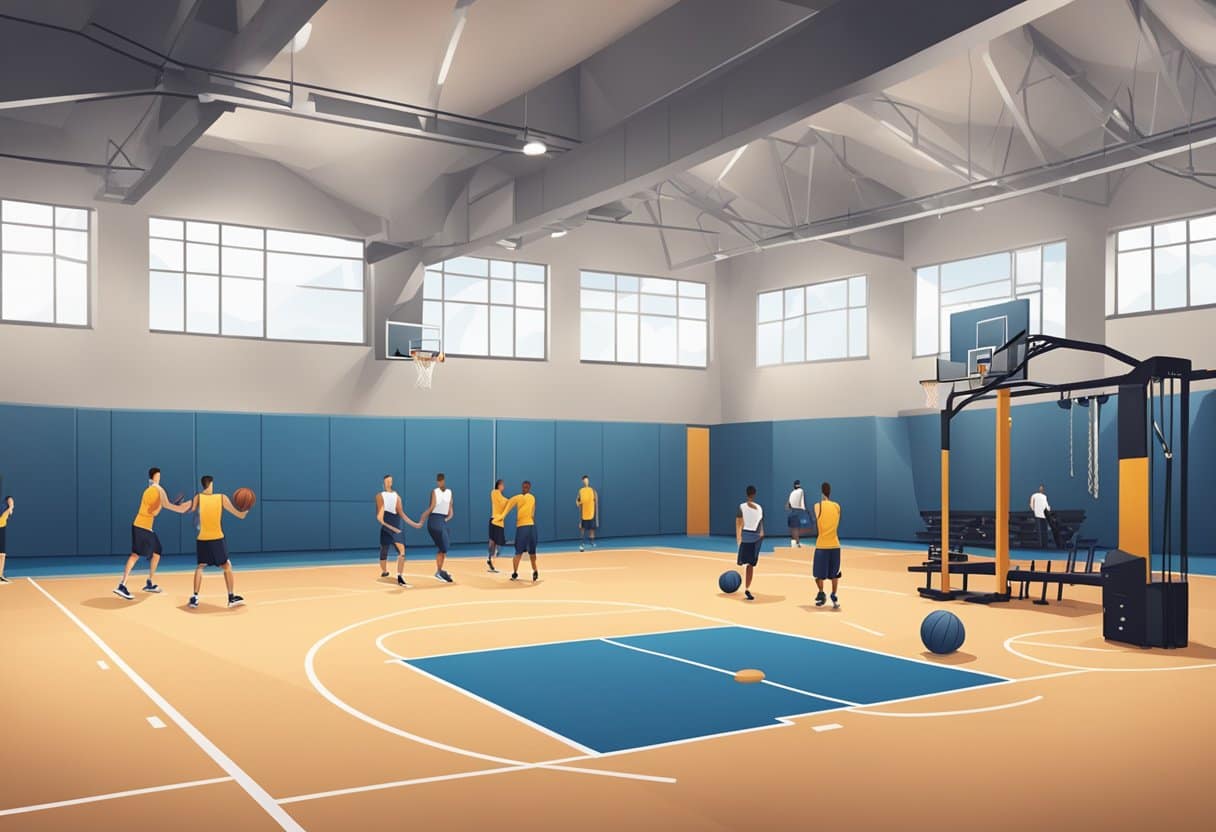A basketball court with weight training equipment in use. Players are engaged in a rigorous conditioning program for peak performance