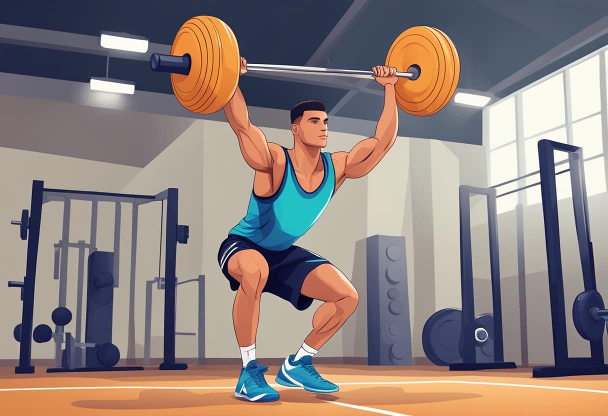 Athlete lifts weights with proper form and safety equipment in basketball training program