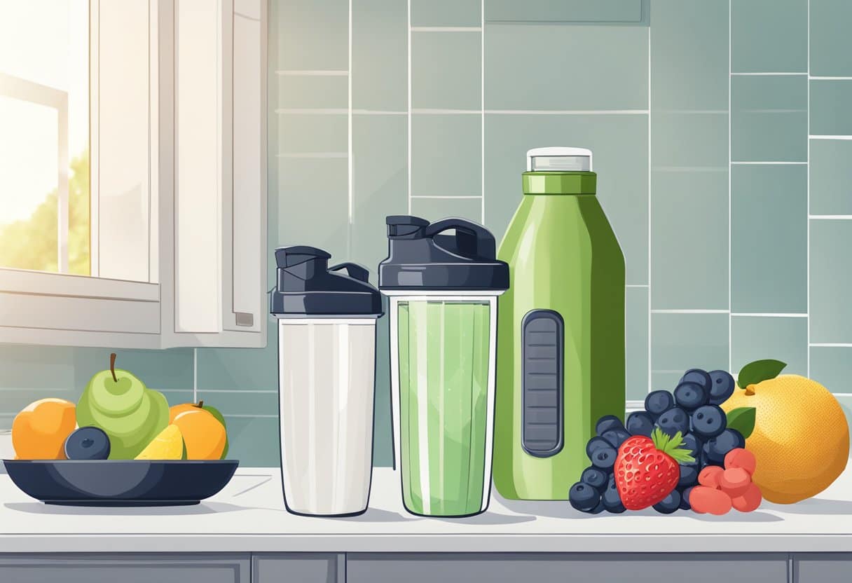 A protein shake sits on a clean kitchen counter, surrounded by fresh fruits and a blender. A workout towel and water bottle are nearby