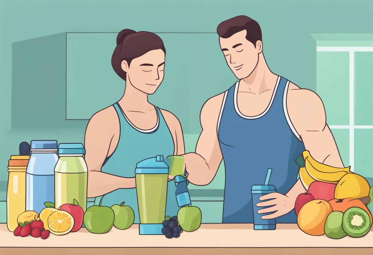 A person mixes a protein shake in a shaker bottle before or after a workout. Ingredients like protein powder, water, and fruits are laid out on the counter