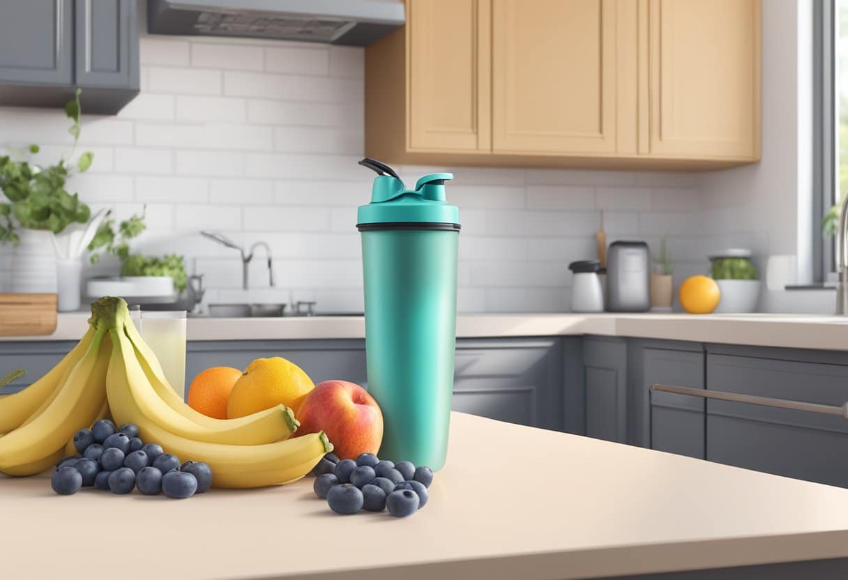 A protein shake sits on a clean kitchen counter, surrounded by fresh fruits and a blender. A workout towel and water bottle are nearby