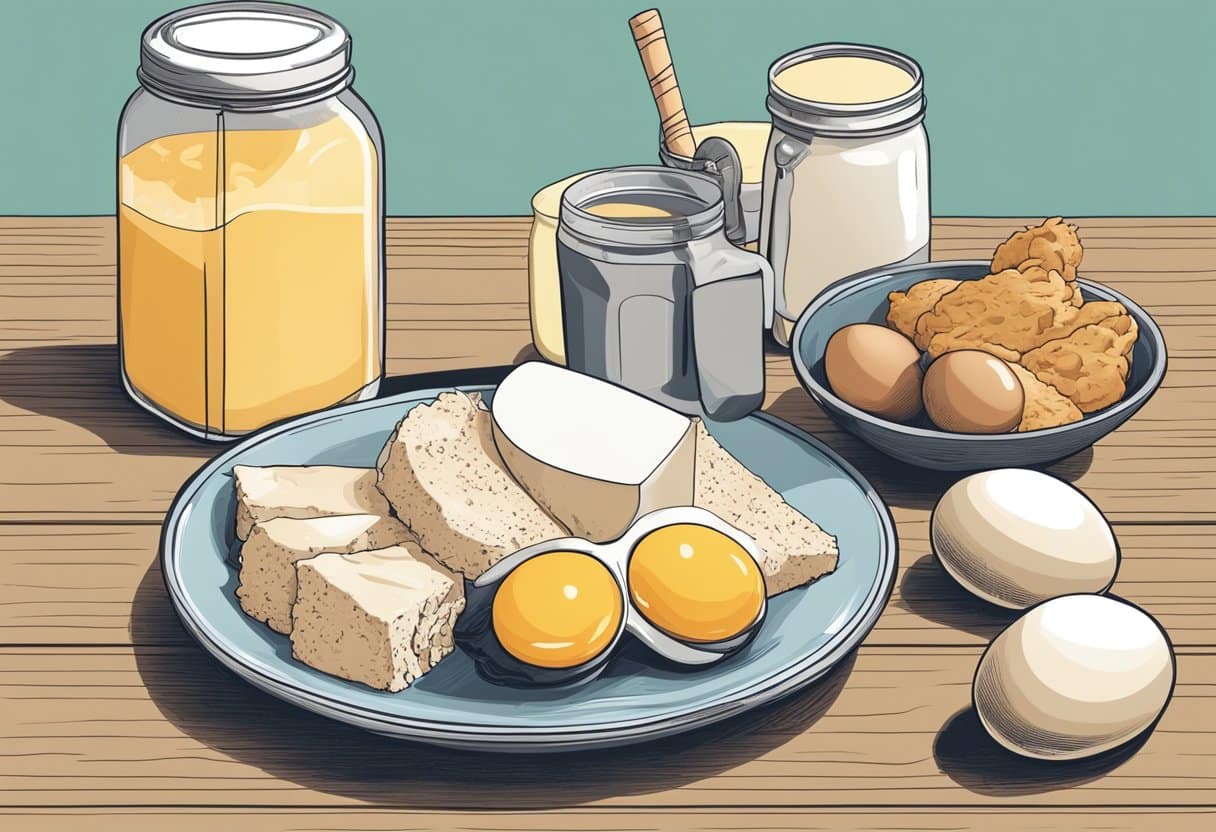 A hand reaches for a selection of protein sources, including eggs, chicken, and tofu. A protein shake sits on the counter, ready to be consumed before or after a workout