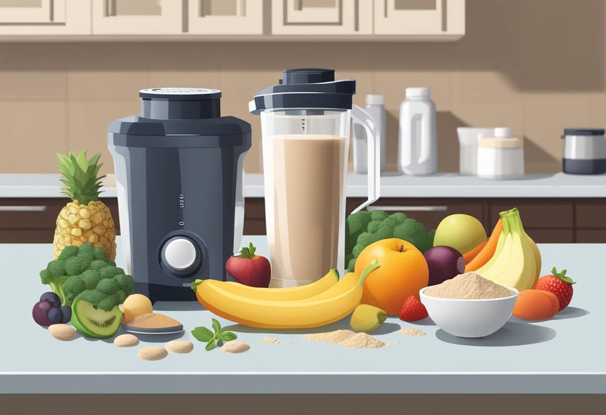 A protein shake sits on a kitchen counter, surrounded by a measuring scoop, a blender, and various containers of protein powder, fruits, and vegetables