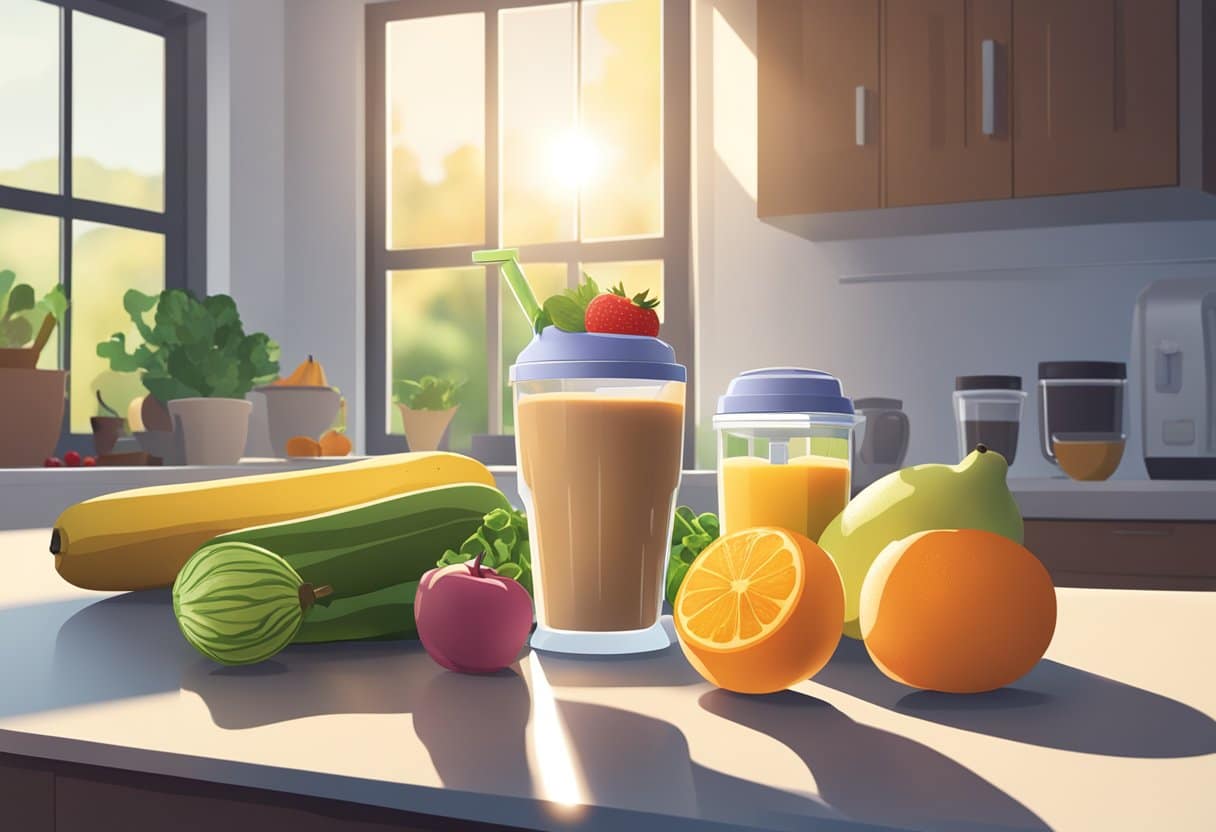 A protein shake sits on a kitchen counter, surrounded by various fruits, vegetables, and a blender. The sun shines through the window, casting a warm glow on the scene