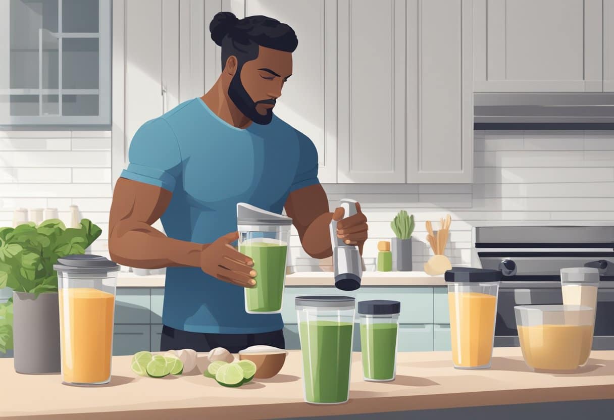 A person prepares a protein shake in a shaker bottle, with ingredients laid out on a clean kitchen counter. A workout area is visible in the background