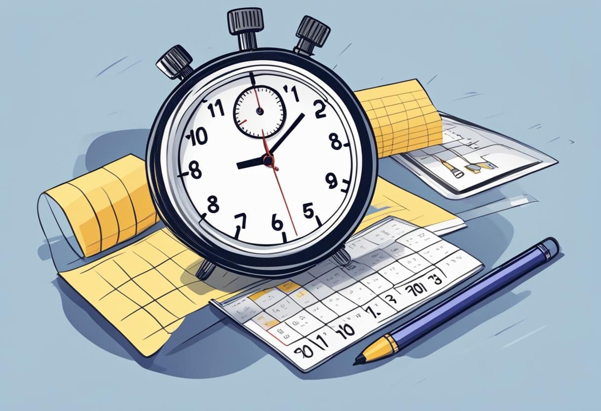 a clock and calendar with a pen and papers
