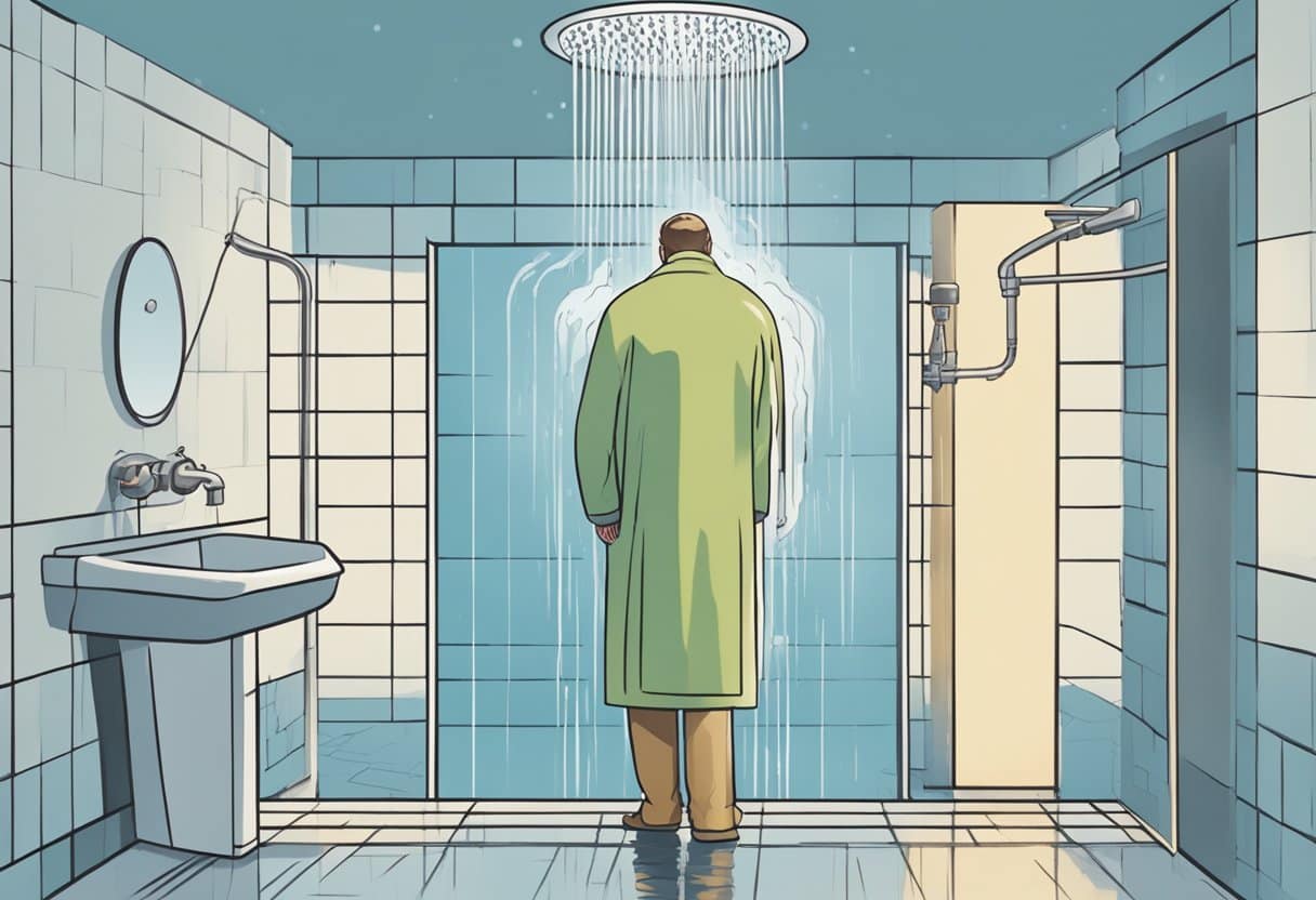 A person stands between two shower heads, one emitting cold water and the other hot water. Steam rises from the hot shower while the cold shower sends shivers down the person's spine