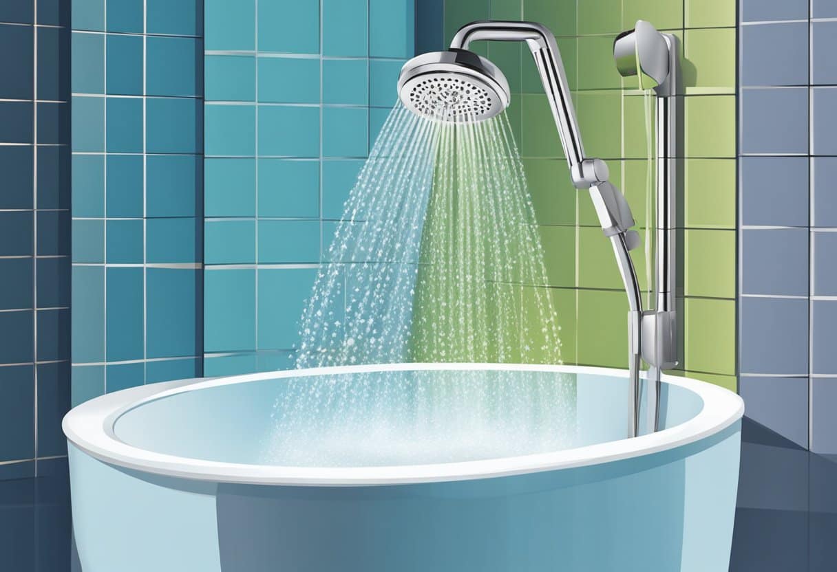 A shower head with two streams of water, one cold and one hot, flowing down into a bathtub or shower floor