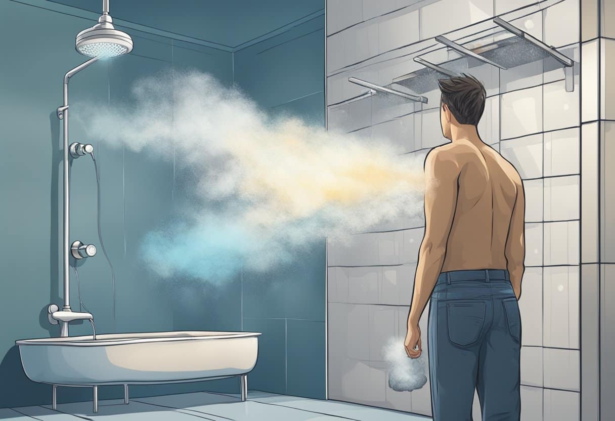 A person standing between two showers, one cold and one hot, with steam rising from the hot shower and a shiver from the cold