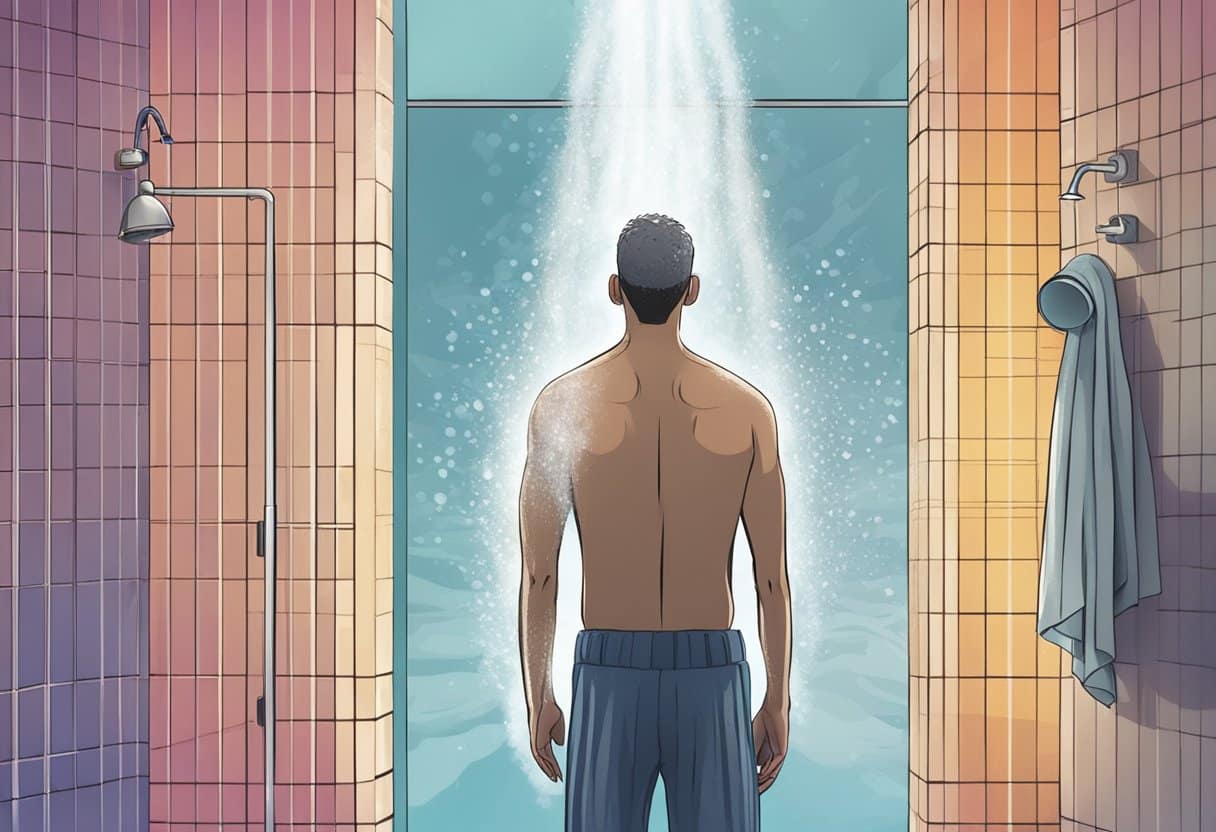 A person stands between two showers, one cold and one hot, with steam rising from the hot shower and a refreshing chill emanating from the cold shower