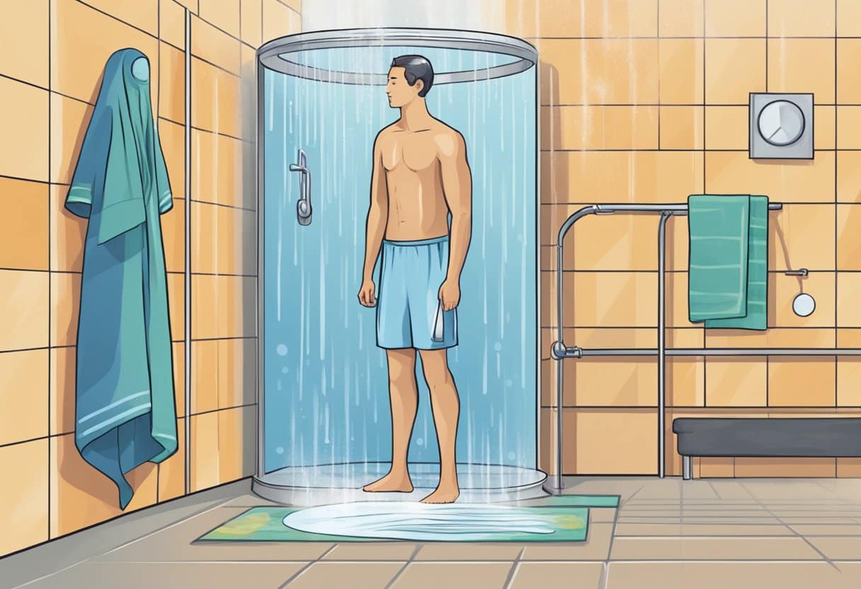 A person stands in a shower, one side cold, the other hot. Steam rises from the hot side, while the cold side shows shivering. A towel and exercise equipment sit nearby