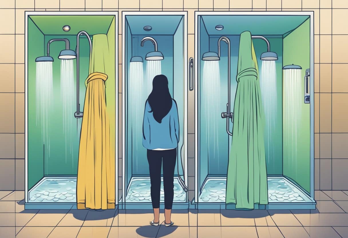 A person standing in front of two separate showers, one with cold water and one with hot water, pondering which one to choose