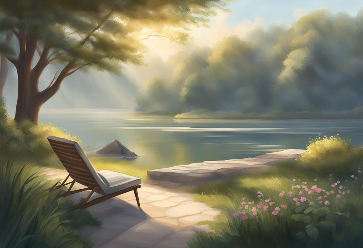 A serene setting with soft, natural lighting, featuring a tranquil space with a comfortable seating area. A clear focus on deep, rhythmic breaths and a sense of calm and relaxation