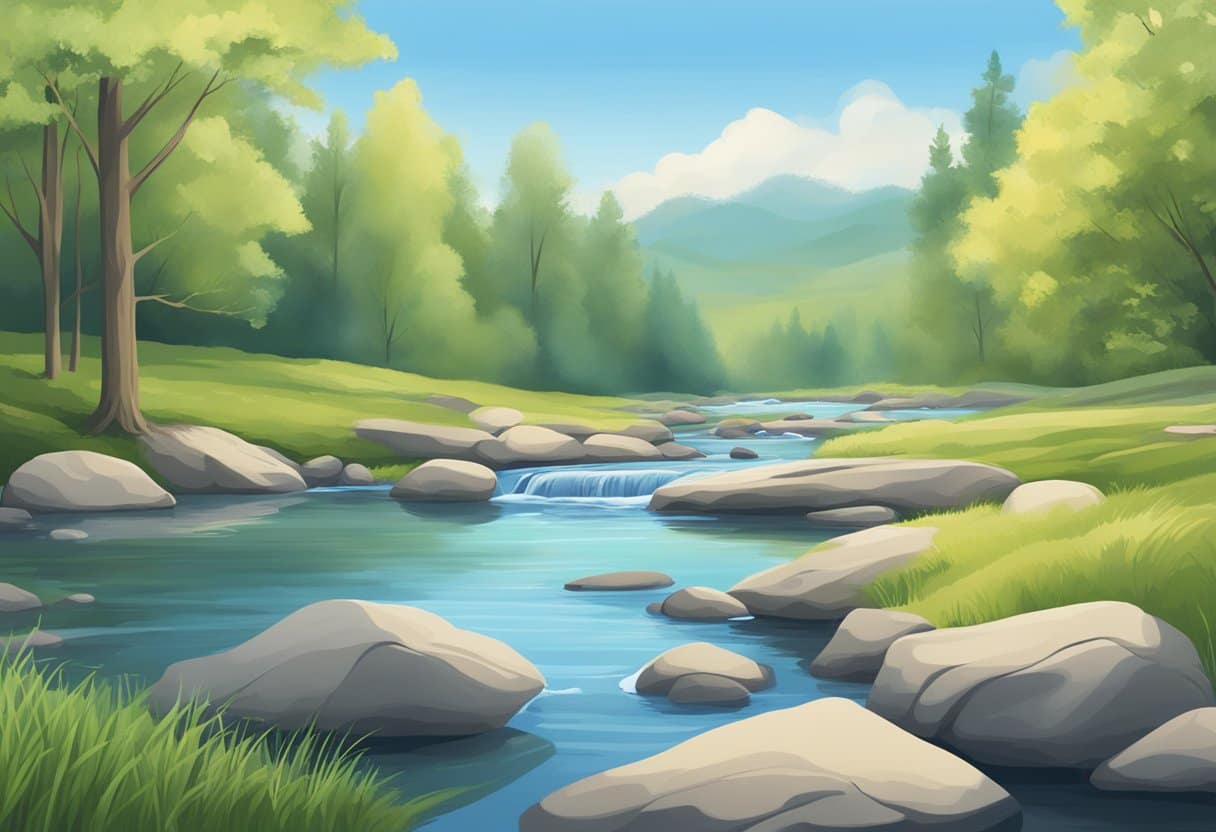 A serene nature scene with gentle, flowing streams and a clear blue sky, showcasing the tranquility and peace that comes with practicing breathing exercises for anxiety