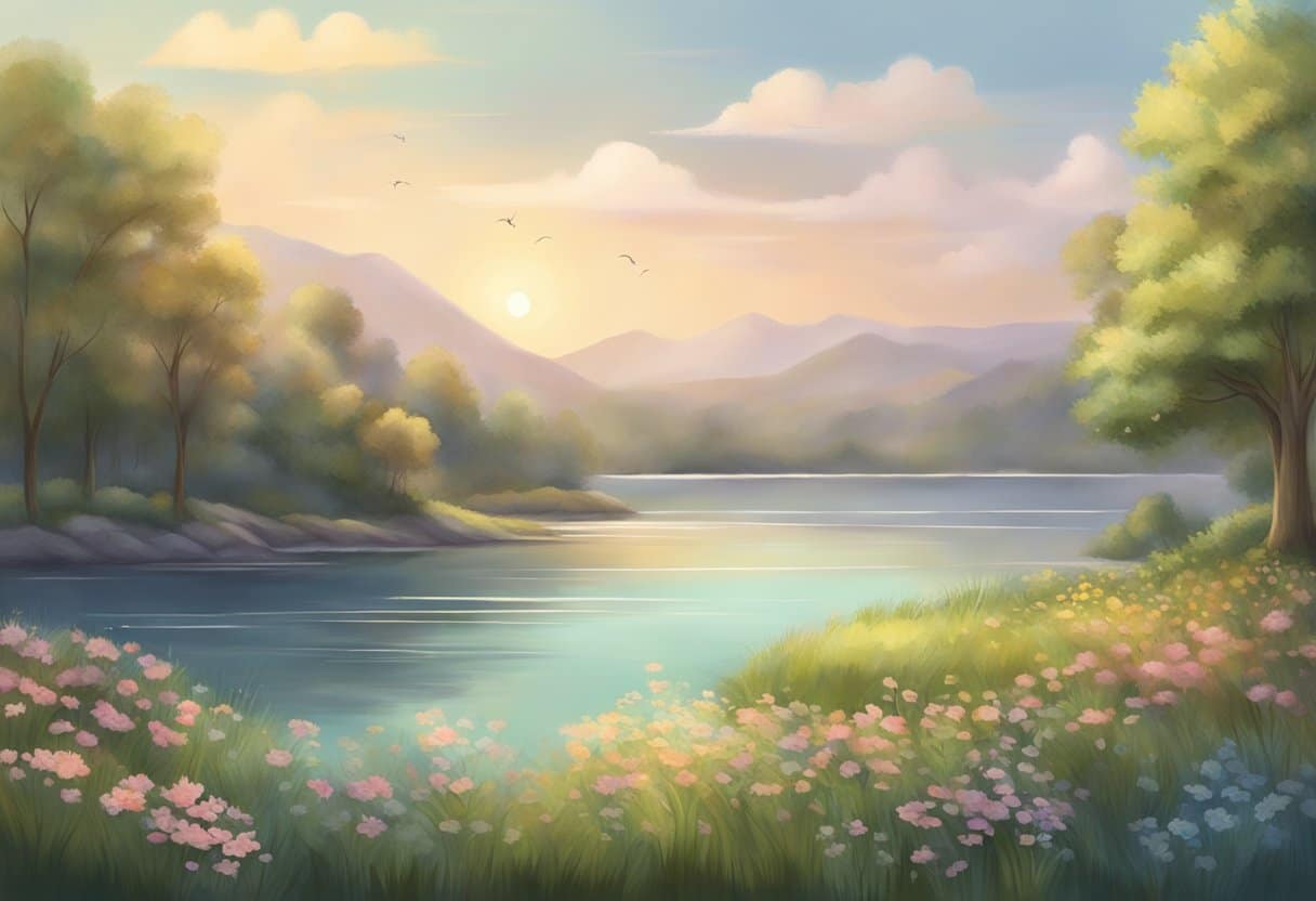 A serene setting with a calm atmosphere, featuring a peaceful landscape and gentle, rhythmic movements to convey the practice of breathing exercises for anxiety