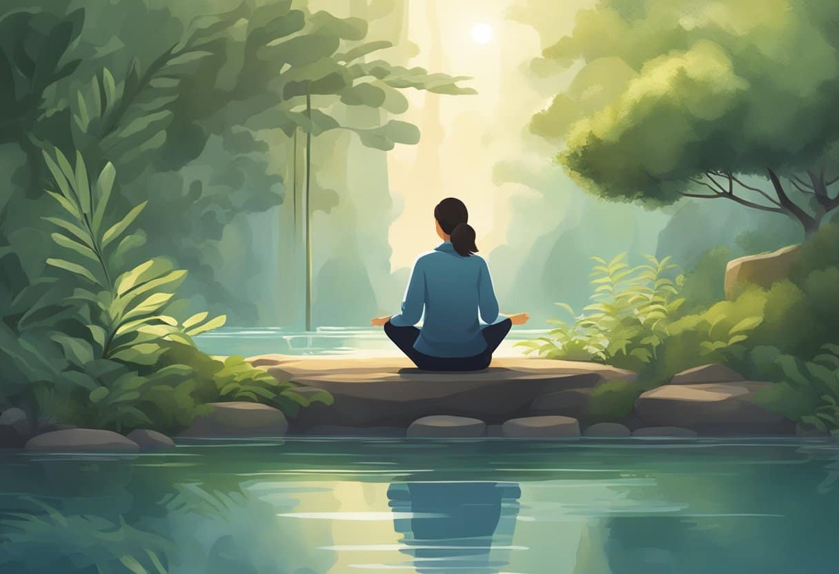 A serene setting with soft, natural lighting. A person sits comfortably, focusing on their breath. Surrounding them are calming elements like plants and gentle, flowing water