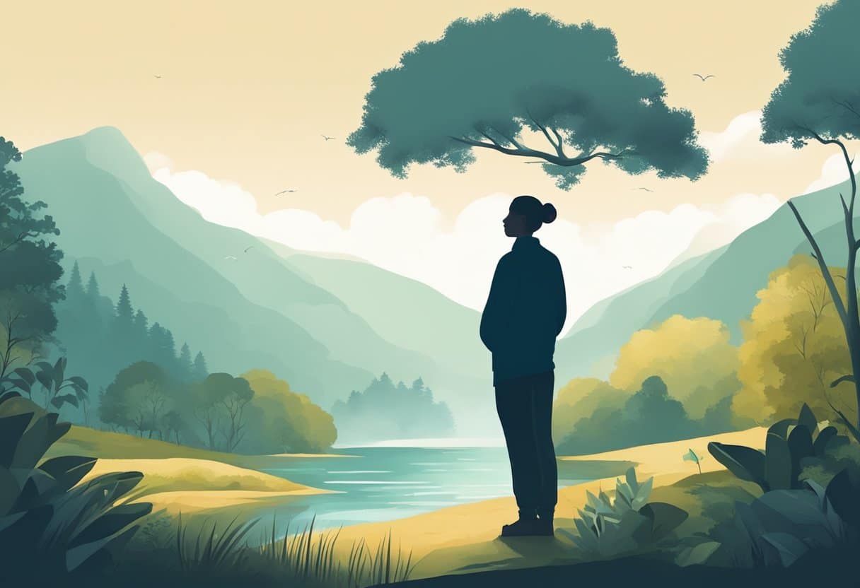 A serene setting with a person's silhouette surrounded by nature, practicing deep breathing exercises with calm and focused expression