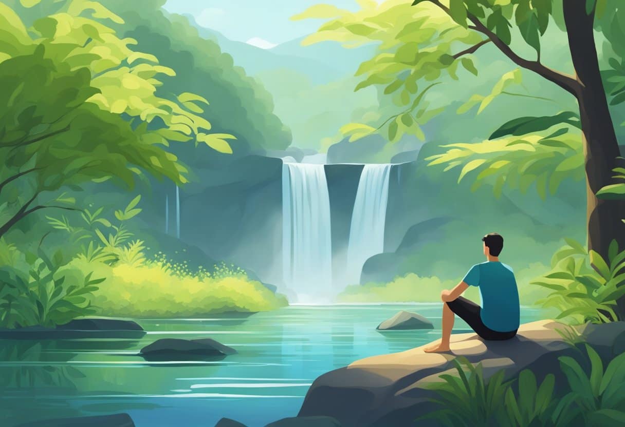 A serene natural setting with flowing water and lush greenery, with a figure in the distance practicing deep breathing exercises