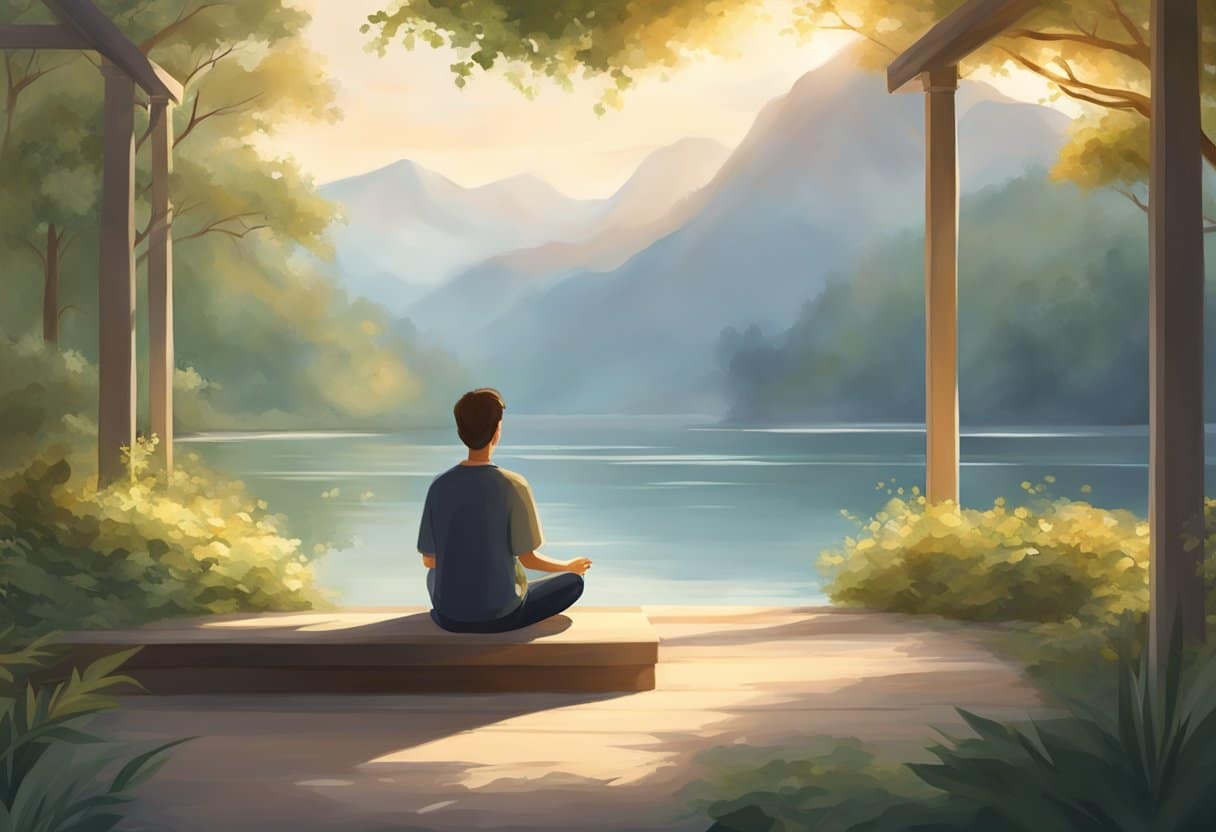 A serene setting with soft, natural lighting. A person sits comfortably, practicing deep, rhythmic breathing. The atmosphere is calm and peaceful, evoking a sense of tranquility and inner peace