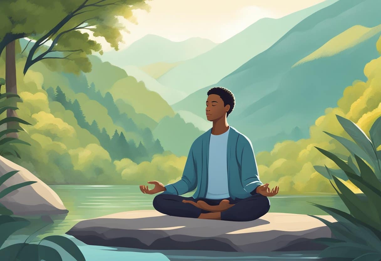 A serene setting with a person meditating, surrounded by nature, practicing deep breathing exercises to manage anxiety