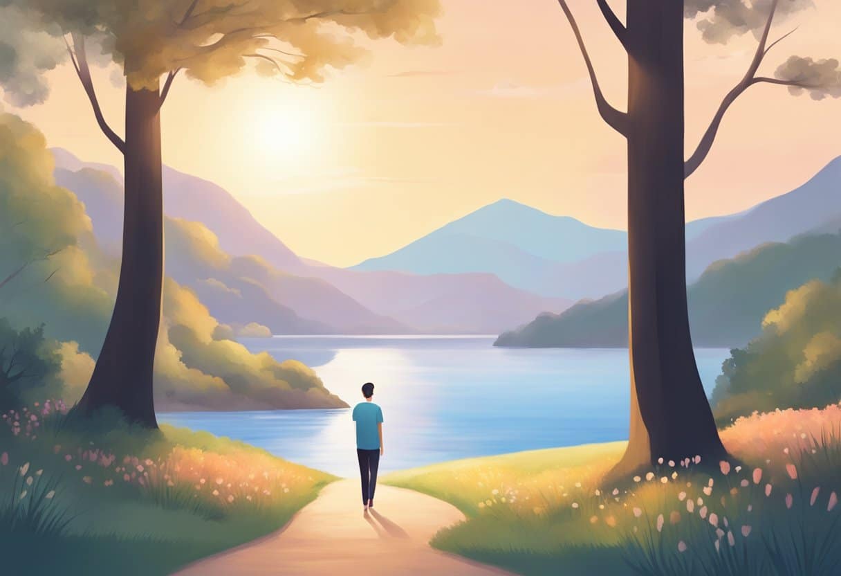 A serene landscape with a person-free setting, featuring a calm atmosphere and gentle movements to represent the impact of breathing exercises for anxiety