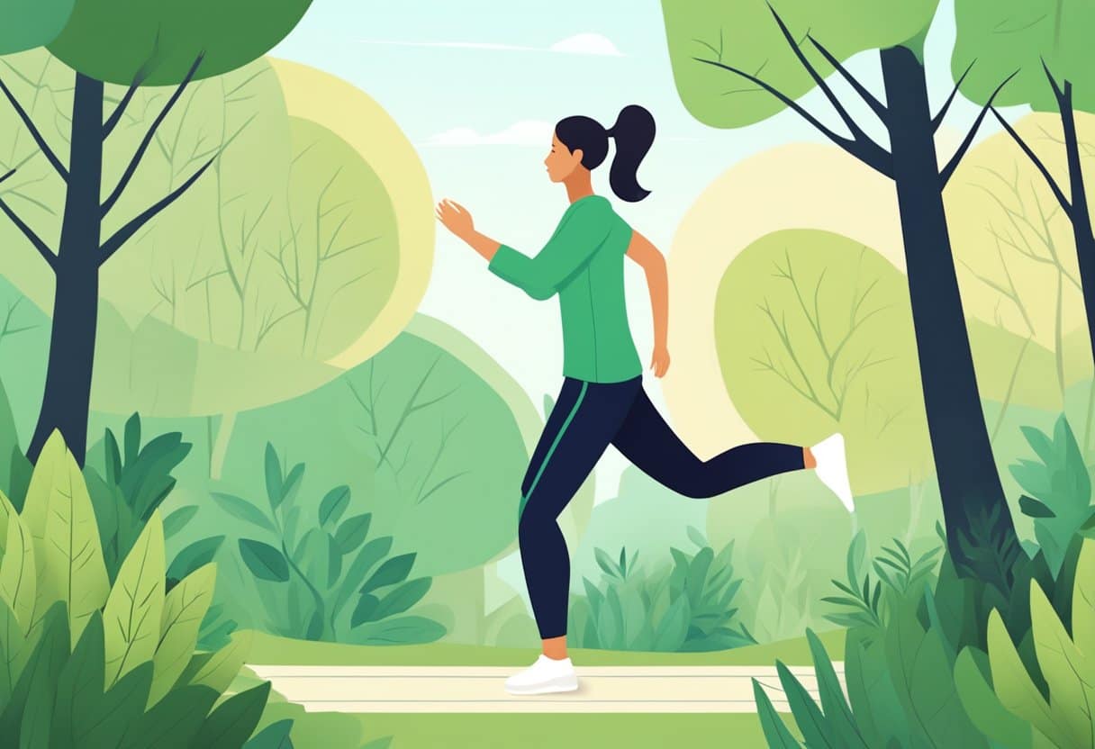 A person with Lyme disease exercises outdoors, surrounded by trees and a gentle breeze. They are doing low-impact activities like walking or gentle stretching