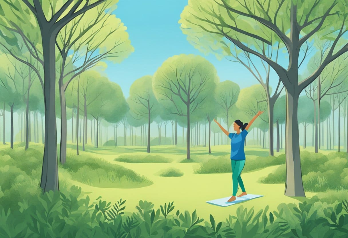 A person with Lyme disease exercises outdoors, surrounded by trees and a clear blue sky. They are engaged in gentle movement, such as yoga or walking, to manage their symptoms