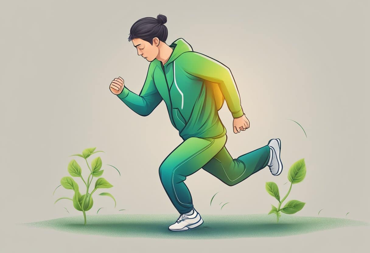 A person with Lyme disease struggles to exercise, feeling fatigued and in pain, while their body is depicted as weak and limited in movement