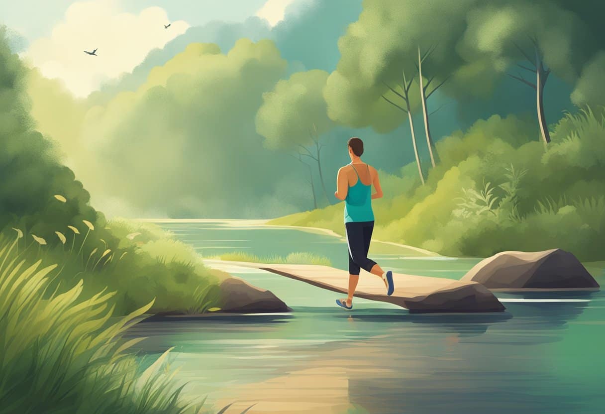 A person with Lyme disease is seen engaging in low-impact exercises such as walking, yoga, and swimming to improve their overall health and manage their symptoms