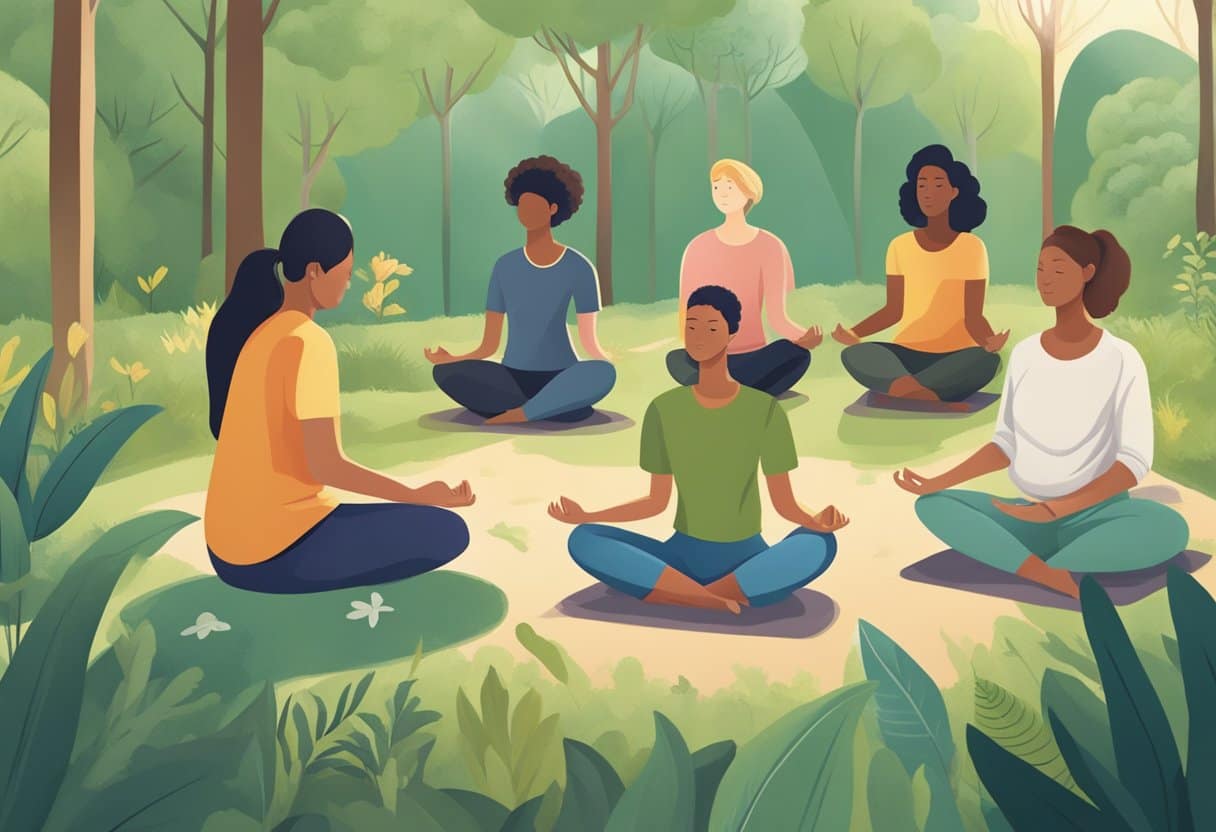 A person with Lyme disease sits in a peaceful, natural setting, surrounded by supportive friends and family, engaged in gentle, low-impact exercises like yoga or walking