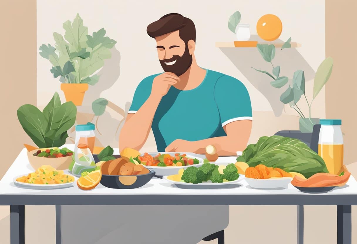 A table set with keto-friendly foods, exercise equipment, and a person resting with a positive expression