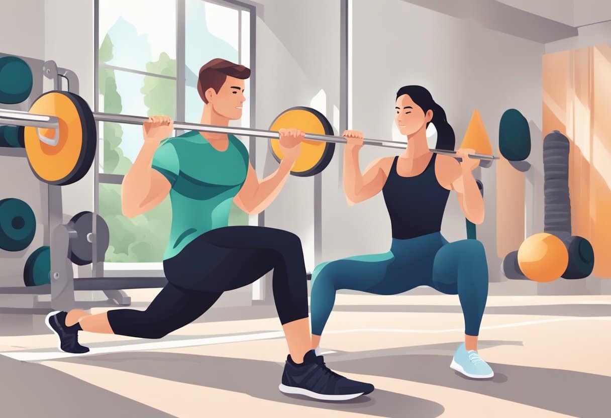 A person with Lyme disease exercises with a personal trainer, focusing on strength and flexibility. They work together in a bright, spacious gym with various equipment