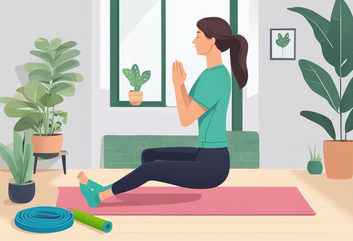 A person with Lyme disease exercises at home, using resistance bands and a yoga mat. They refer to a list of frequently asked questions about exercising with the disease