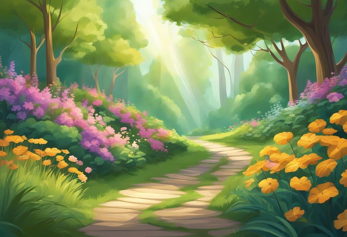 A serene forest with a winding path, sunlight filtering through the trees. A variety of vibrant, healthy plants and flowers line the trail, creating a peaceful and rejuvenating atmosphere