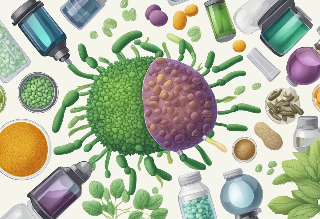 A microscope revealing the intricate structure of a Lyme disease bacterium, surrounded by various immune system-boosting tools such as vitamins, herbs, and supplements