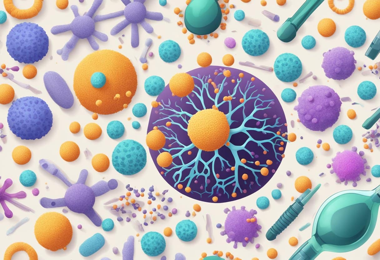 A vibrant immune system surrounded by microscopic pathogens, with tools and resources to help it rebound