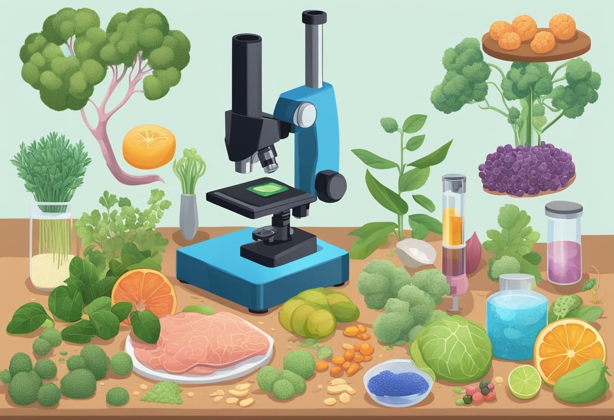A microscope revealing the distinct cellular structures of Lyme disease and Long COVID. Surrounding it are various immune-boosting tools such as vitamins, herbs, and healthy foods